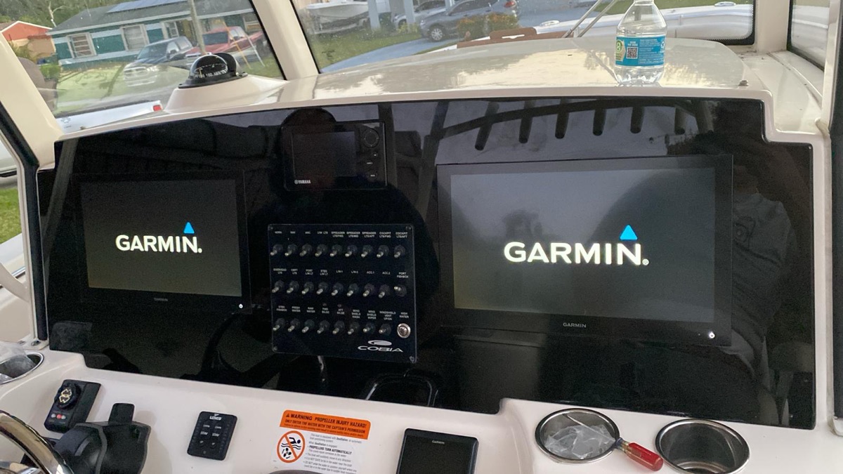 Dual Garmin displays installed at a Cobia helm